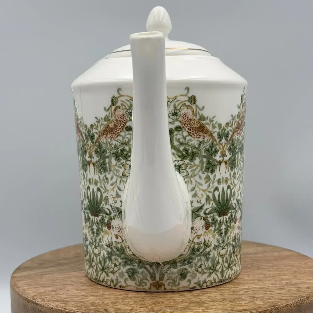 William Morris & Co Strawberry Thief White Porcelain Teapot Birds Green Tan NIP